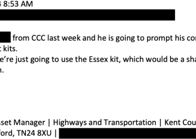 Screenshot of an email dated Thursday 18 July 2024 titled “RE: TMP Update”. The sender, a Kent County Council highways officer, says they met a Canterbury City Council officer who will prompt the conservation team to respond on embellishment. The email notes that if no progress is made they will use the Essex kit, which would be a shame, and that work is being held up.