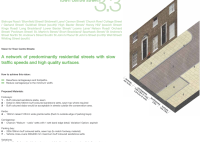 Two example pages from a public-realm and streetscape strategy. One page shows a town-centre lighting strategy map, with streets colour-coded to indicate warm and neutral white lighting based on historic urban structure, alongside explanatory text. The other pages set out a town-centre streets vision and a palette of materials, including diagrams of footways, kerbs, carriageways and parking bays, with photographs of stone setts and slabs. Together they show coordinated design guidance for lighting, materials and surface treatments. (1/2)