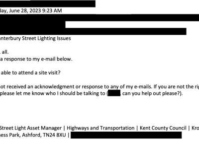 Screenshot of an internal email dated Wednesday 28 June 2023 at 9:23 am, subject “RE: Canterbury Street Lighting Issues”. The sender, a Street Light Asset Manager at Kent County Council, states they have not received any response to earlier emails. They ask a named officer if they can attend a site visit and note a lack of acknowledgement from Canterbury City Council, requesting confirmation of the correct contact if not.