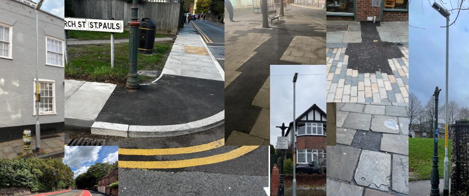 Collage of street scenes showing inconsistent public-realm repairs and materials. Images include patches of black tarmac laid across stone paving, mismatched slabs, uneven reinstatements around kerbs and utilities, modern lighting columns alongside historic ones, and temporary-looking surfacing cutting through pavements and crossings. The montage illustrates a lack of consistent design standards and coordinated streetscape policy.